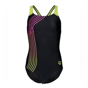 ARENA Sound Track One Piece Swimsuit GIRLS US Size 6 (24) Black Artic-Lime